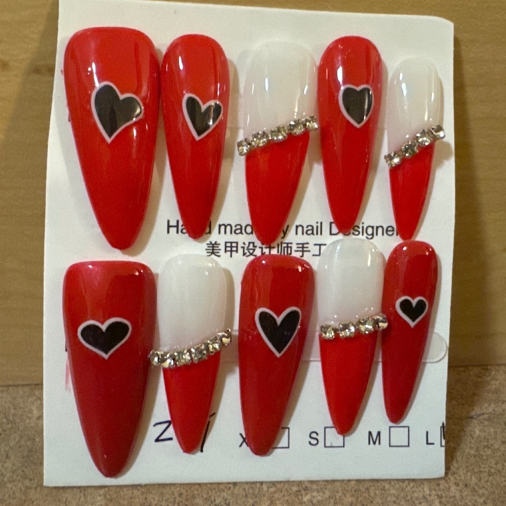 Red White Heart Rhinestone Press On Nails Long Stiletto Valentine Date Night Set